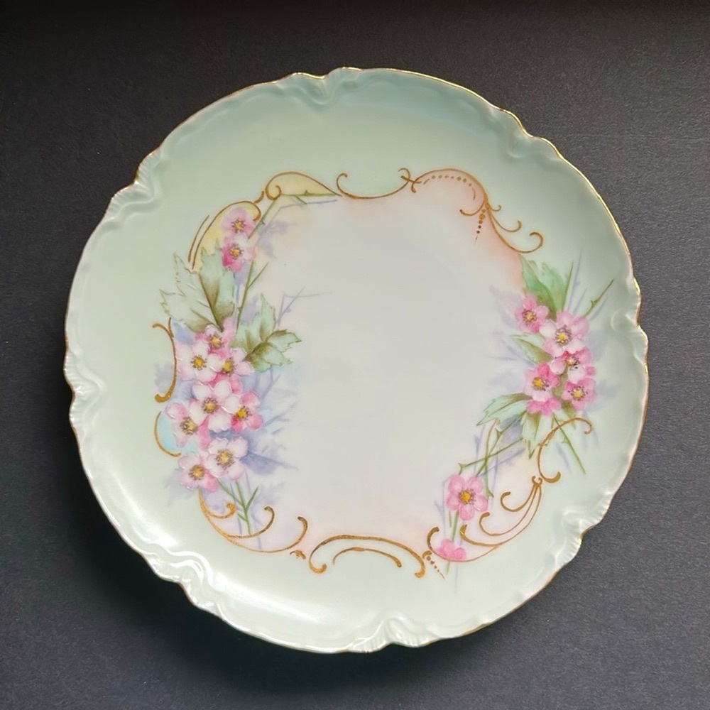 Antique Limoges Scalloped Plate Mint Green w HP Pink Flowers Gold Rim 1888-1896